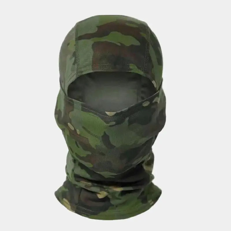 Multi-coloured military camouflage balaclava for versatile use in wooded terrain.