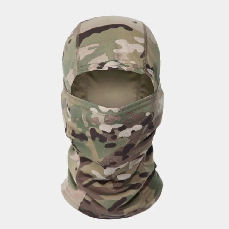 Dark green military camouflage balaclava with flexible fabric for comfort and protection.