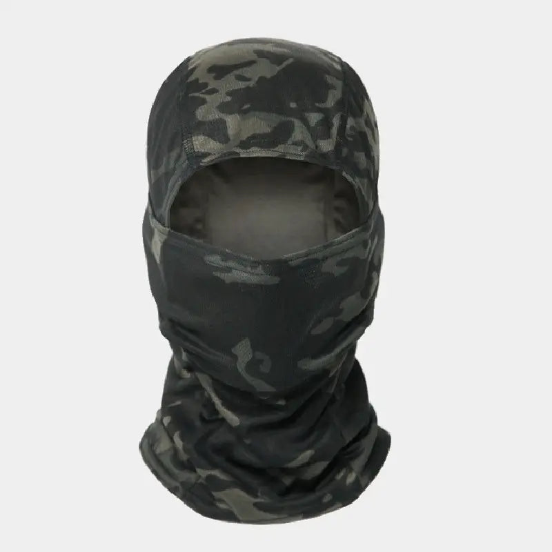 Grey-green military camouflage balaclava with fitted finish for outdoor activities.