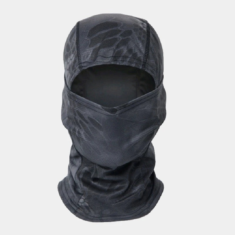 Black python military camouflage balaclava for versatile use in wooded terrain.