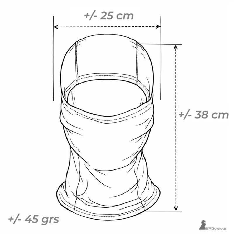 Kamouflage militärpolyesterhuva, form 1 hål täckande, teknisk ritning som visar produktens dimensioner och vikt – Huva Utrymme