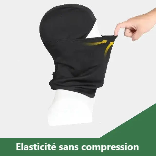 Elastic military camouflage balaclava without compression, showing flexibility and comfort.