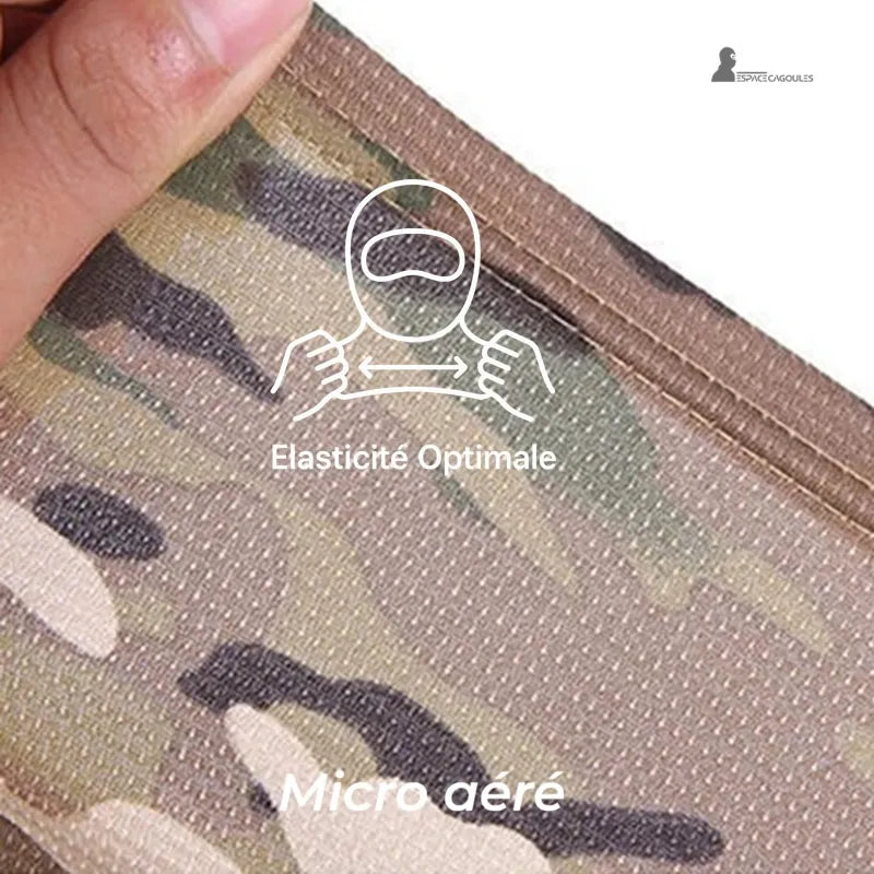 Kamouflage militär balaclava i elastisk polyester, med ergonomisk design och ett hål, makroblick som visar elasticitet och mikroventilerad mesh – Cagoules Utrymme