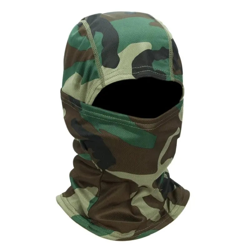 Kamouflage militärhuva i lätt polyester, form med 1 hål som täcker huvud och nacke, sett framifrån platt med jungelmönster – Utrymme för huvor