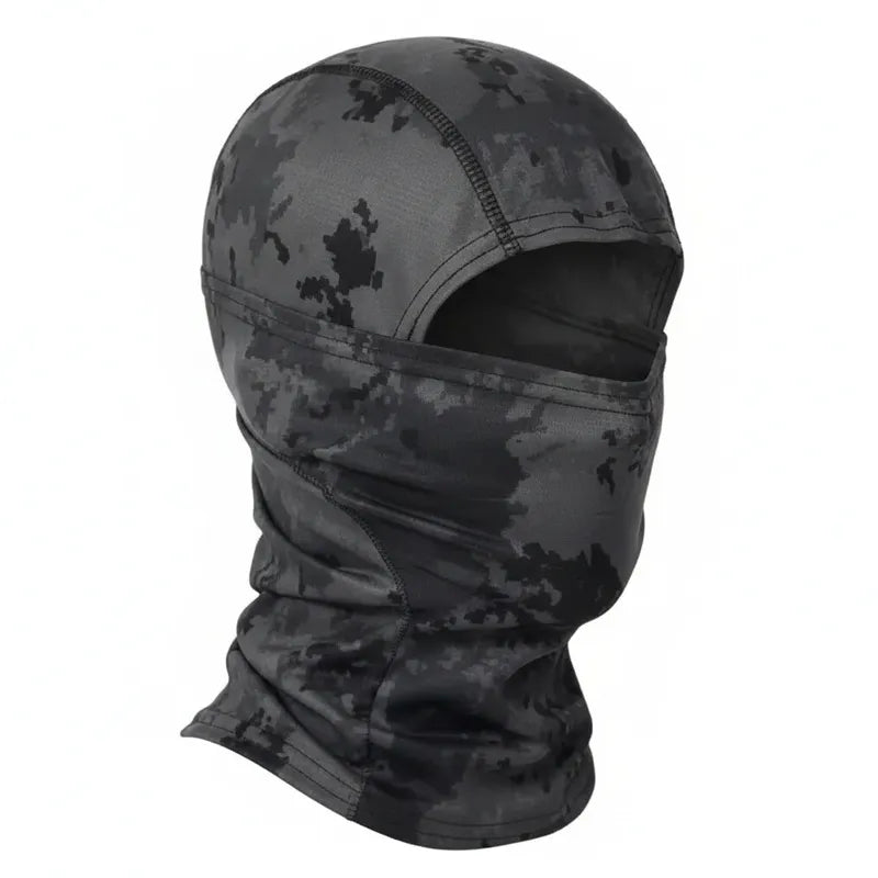 Militär camouflaged balaclava i teknisk mikroventilerad polyester, formad med 1 justerat hål, profilvy platt i urban svart kamouflage – Cagoules Space