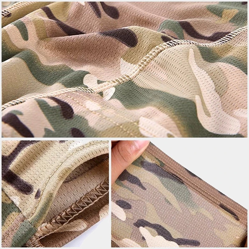 Zoom on the fabric of a military camouflage balaclava, highlighting texture and quality.
