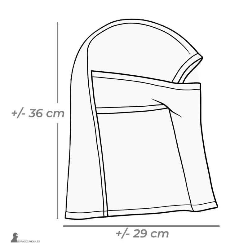Schneetarnhaube mit einem Maßschema, Höhe ca. 36 cm und Breite ca. 29 cm.