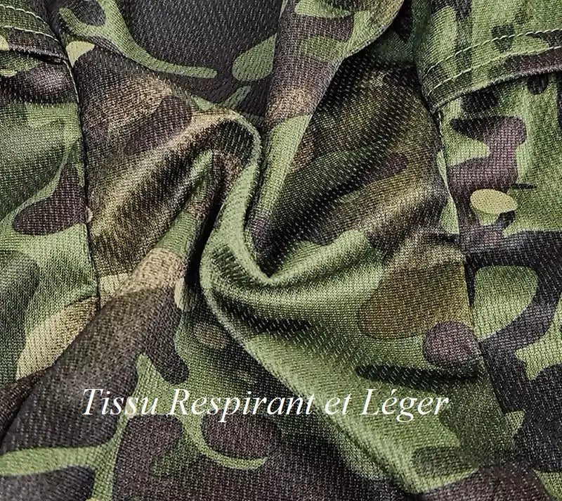 Gros plan sur le tissu léger et respirant de la cagoule camouflage, conçu pour assurer confort et ventilation lors d’activités intensives en extérieur.