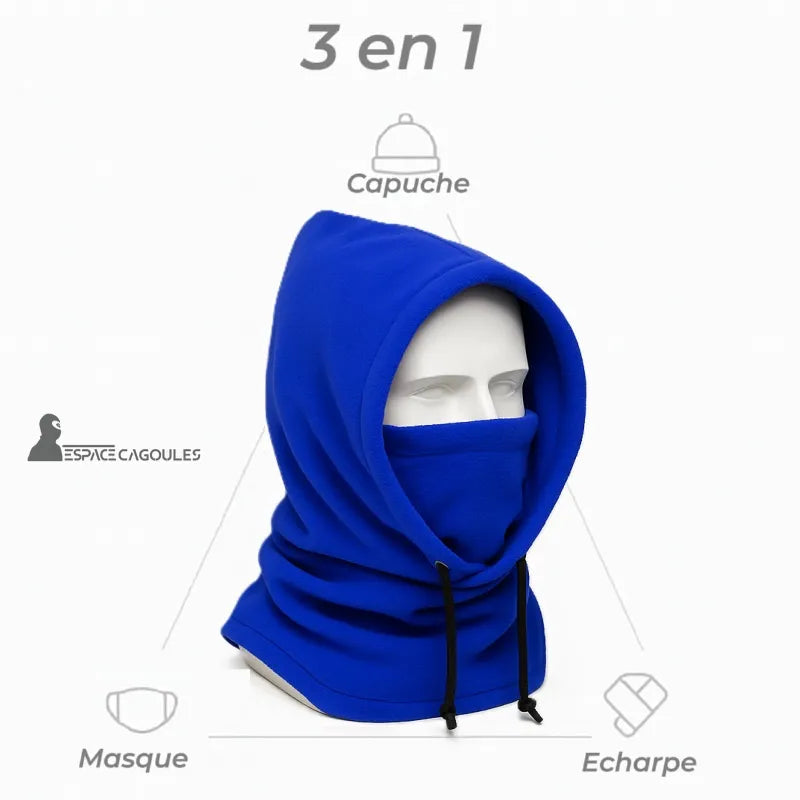 Cagoule Capuche bleue 3 en 1 sur fond blanc, présentée sur mannequin avec indications capuche, masque et écharpe.