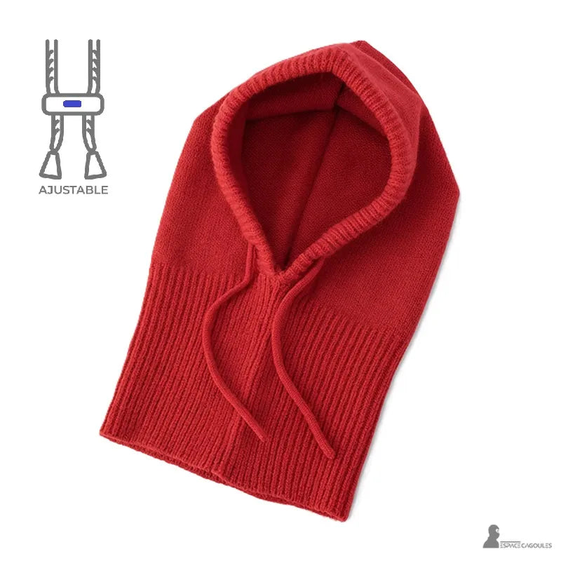 Passamontagna donna rossa vista piatta con cordini regolabili e zona lavorata a maglia visibile su sfondo bianco - Spazio Passamontagna