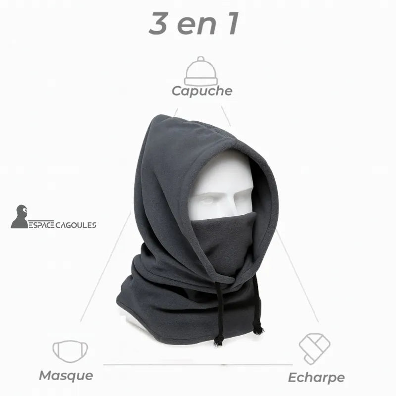 Grey hooded hood 3 in 1 presented on a mannequin, hood, mask and scarf function highlighted on a white background.