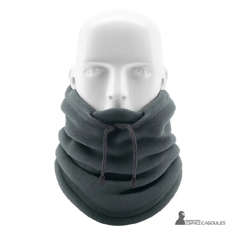 Grey hood hood in a lowered position to the neck, presented on a mannequin, front view, visible fleece texture.