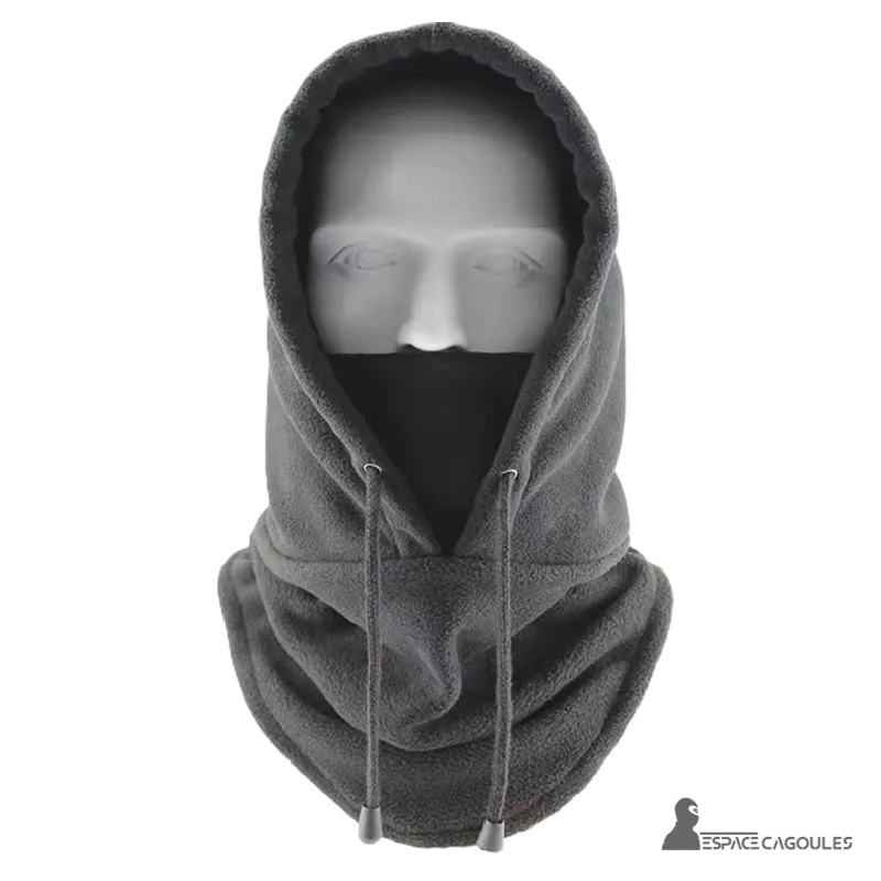 Grey hooded balaclava on a white mannequin, visible drawstrings, loose fit covering the entire head, neck and nape of the neck.