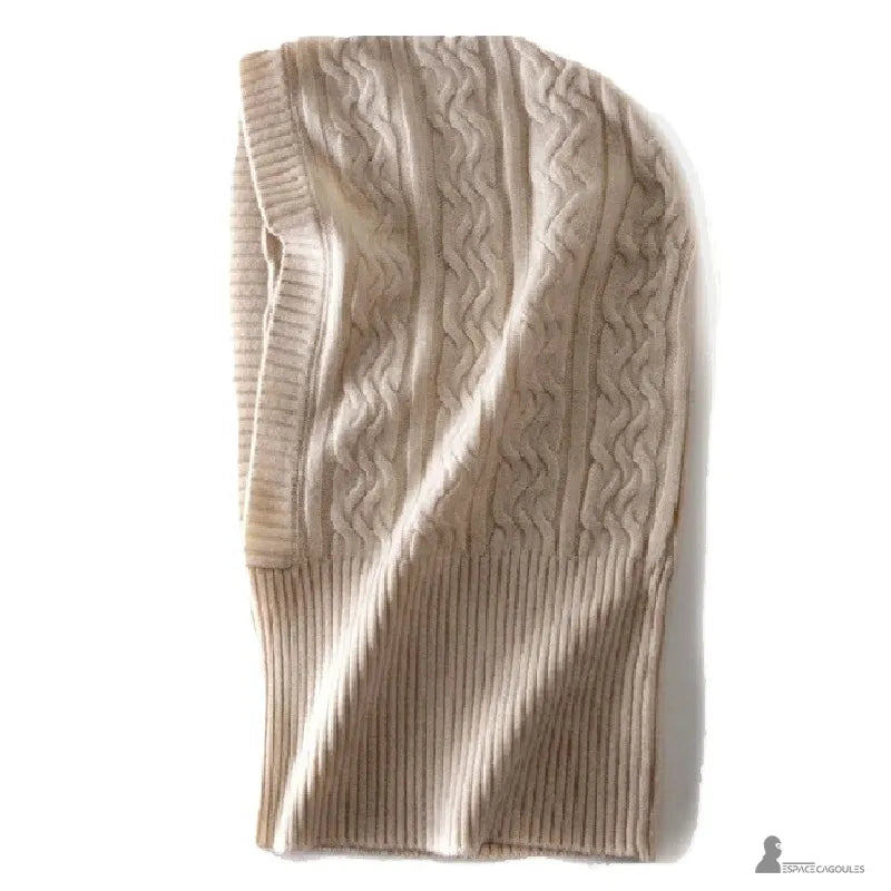 Balaclava Hood Beige ull lagt platt kabelstickad mjuk varm ull