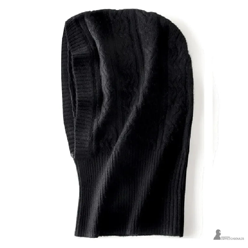 Balaclava Hood Svart ull lagt platt kabelstickad elegant varm