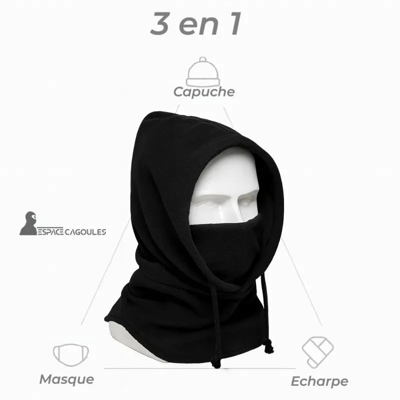 Cagoule Capuche noire 3 en 1 sur fond blanc, montrant ses fonctions capuche, masque et écharpe sur mannequin blanc.
