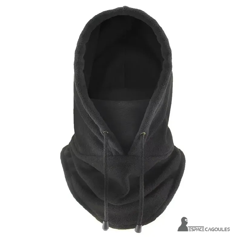 Cagoule Capuche noire présentée seule sur fond blanc, capuche relevée avec cordons pendants et coupe protectrice.
