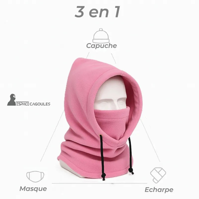 Cagoule Capuche Rose 3 en 1 montrée en studio avec indication des fonctions capuche, masque et écharpe, sur fond blanc épuré