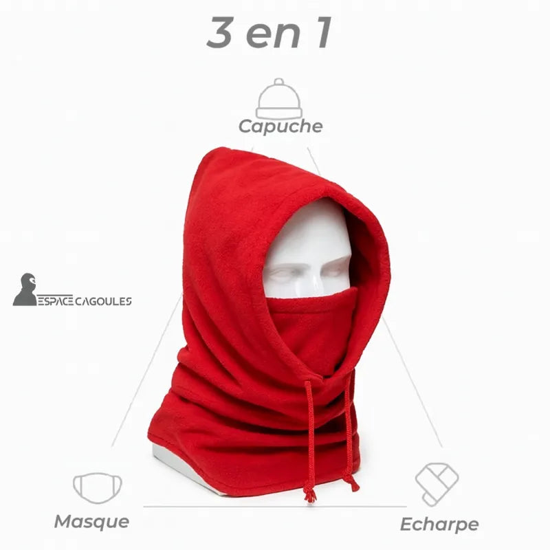 Balaclava 3 in 1 Red Hood with Built-in Hood, Mask and Scarf, Functional Graphic Presentation on White Background