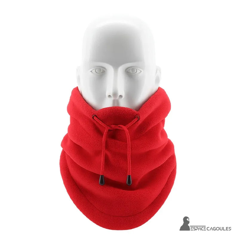 Balaclava Red hood worn as a collar, hood folded down for use as a warm fleece neck warmer