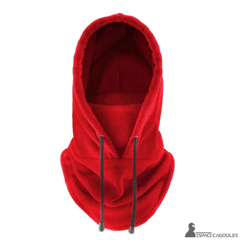 Hood Red hood in front view, hood up and visible black drawstrings, thick fleece fabric for extreme cold