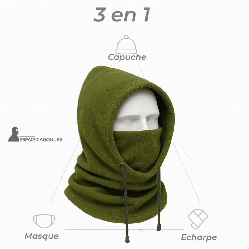Cagoule Capuche Verte 3 en 1 présentée sur fond blanc, montrant les fonctions capuche, masque et écharpe pour protection intégrale.