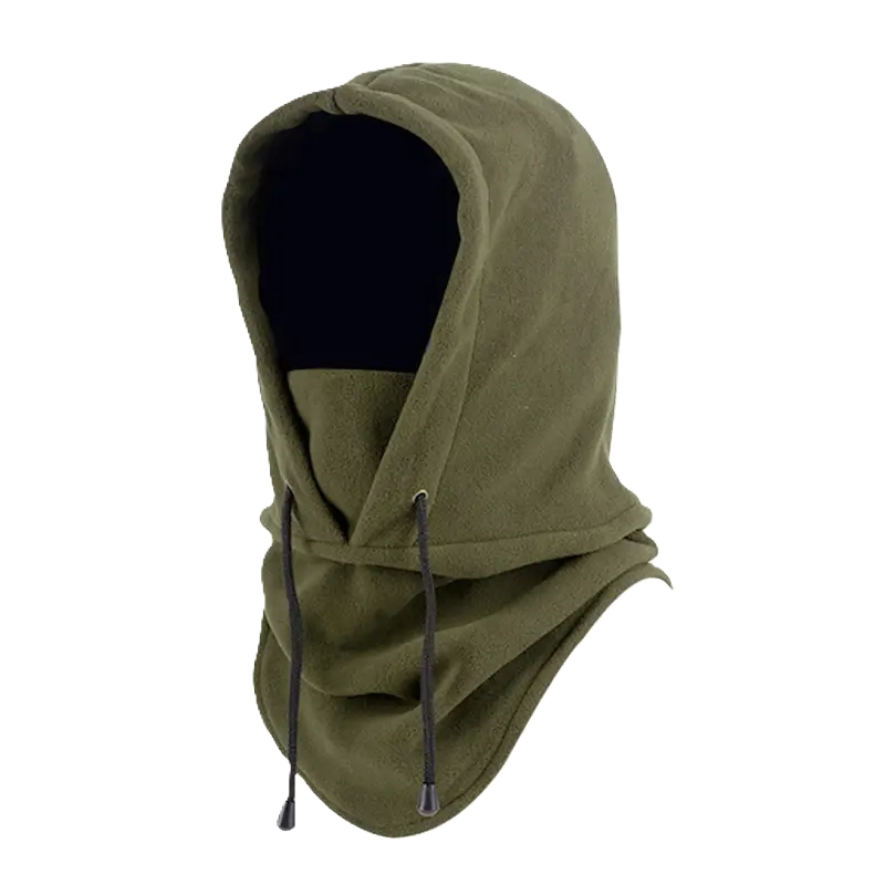 Cagoule capuche verte, vue de profil, conçue pour protéger du froid en hiver. Son design ergonomique avec capuche enveloppante et col allongé assure une couverture optimale du visage et du cou. Cordon d'ajustement latéral pour un maintien parfait.
