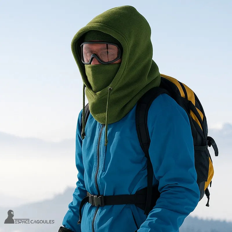 Cagoule Capuche Verte portée par un randonneur en veste bleue et sac à dos jaune, en pleine ascension en montagne hivernale.