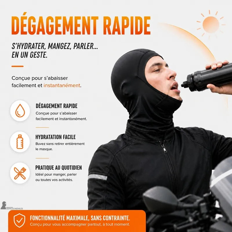 Motard abaissant la face escamotable de la cagoule GripFit pour boire sans la retirer - Espace Cagoules