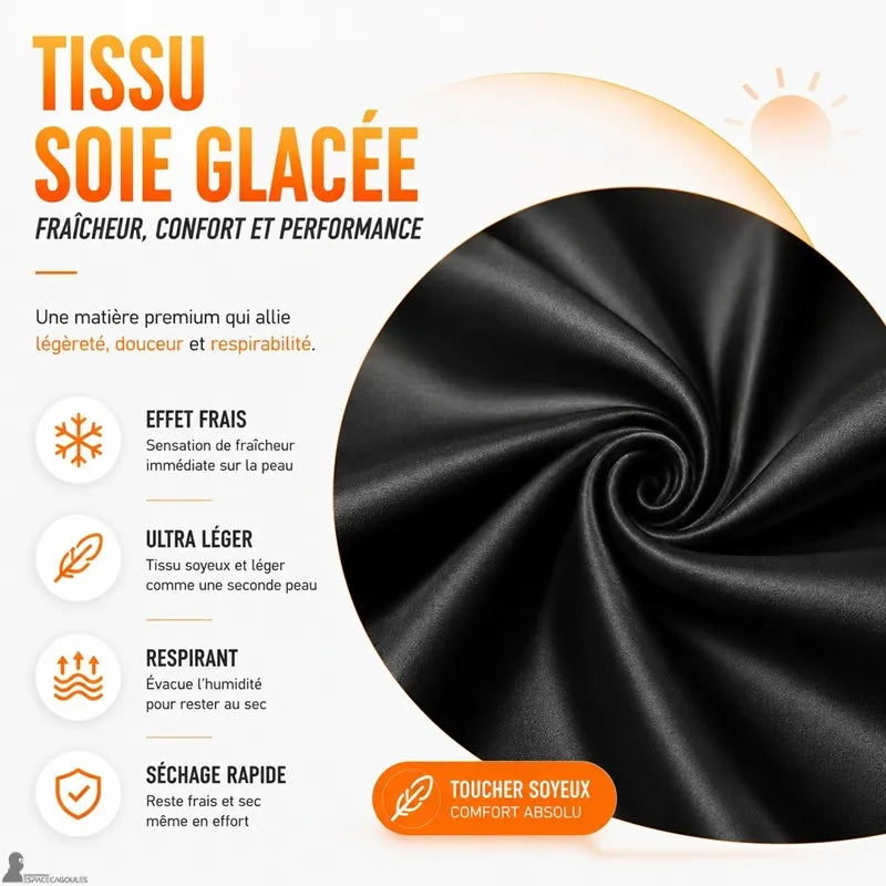 Gros plan sur le tissu soie glacée noir de la cagoule GripFit pour fraîcheur et légèreté - Espace Cagoules