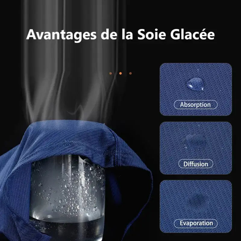 Démonstration des avantages de la soie glacée sur le tissu bleu : absorption, diffusion et évaporation de l'humidité - Espace Cagoules