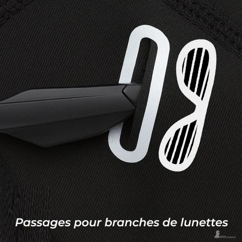 Branche de lunettes glissée dans l'ouverture latérale de la cagoule casquette noire prévue pour le passage des lunettes - Espace Cagoules