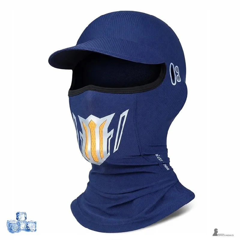 Cagoule casquette bleue avec logo argenté et orange imprimé sur la zone du visage et glaçons évoquant la fraîcheur du tissu - Espace Cagoules