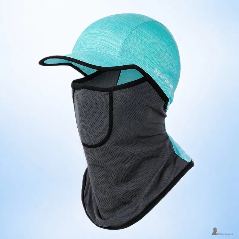 Modèle bleu turquoise et gris de la cagoule casquette femme vue de profil - Espace Cagoules