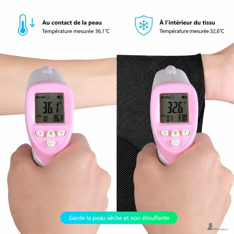 Test de température sur un bras avec thermomètre et tissu noir de la cagoule casquette femme - Espace Cagoules