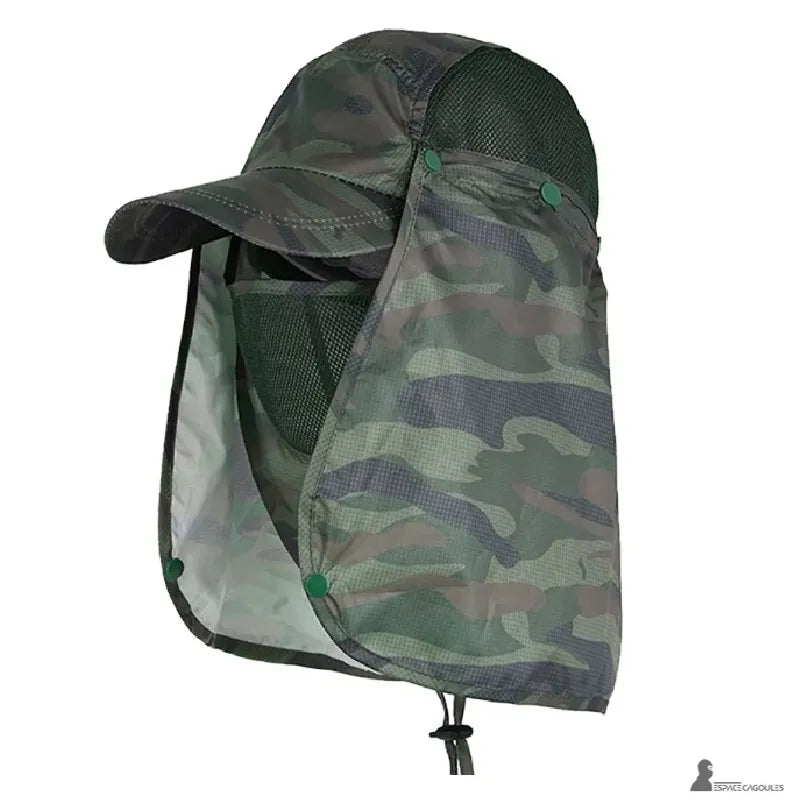 Cagoule casquette modulable camouflage protection faciale et rabats latéraux vue produit isolé - Espace Cagoules