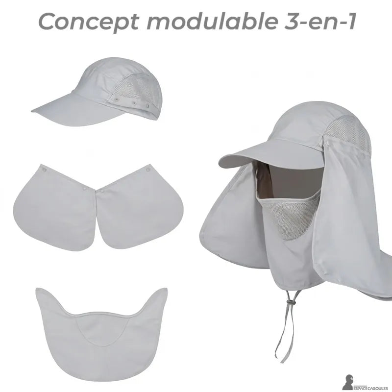 Cagoule casquette modulable démontée en plusieurs éléments montrant le concept 3 en 1 vue à plat - Espace Cagoules