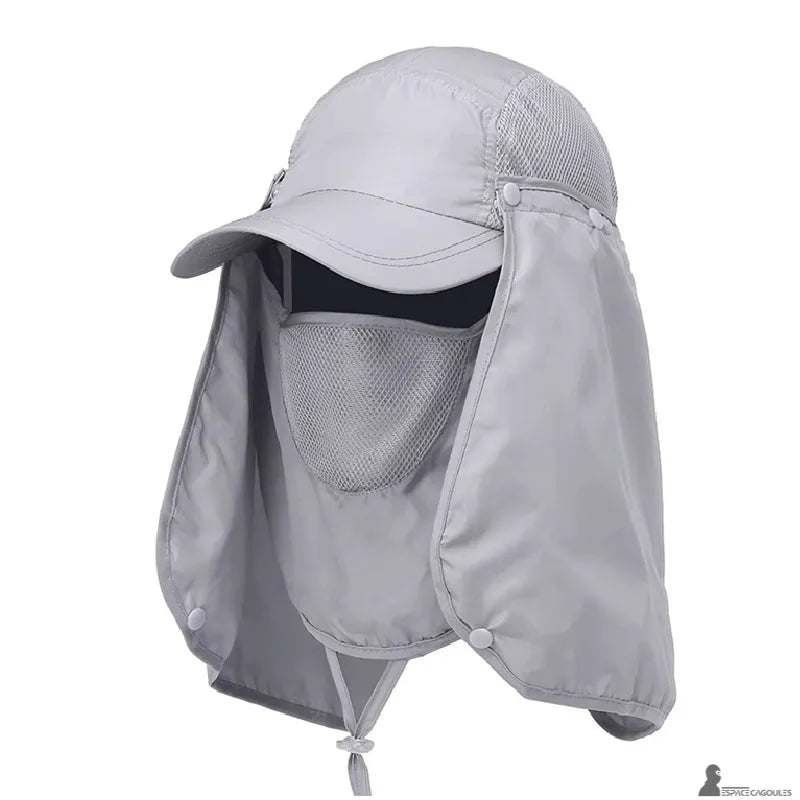 Cagoule casquette modulable grise portée avec masque respirant en maille vue rapprochée - Espace Cagoules
