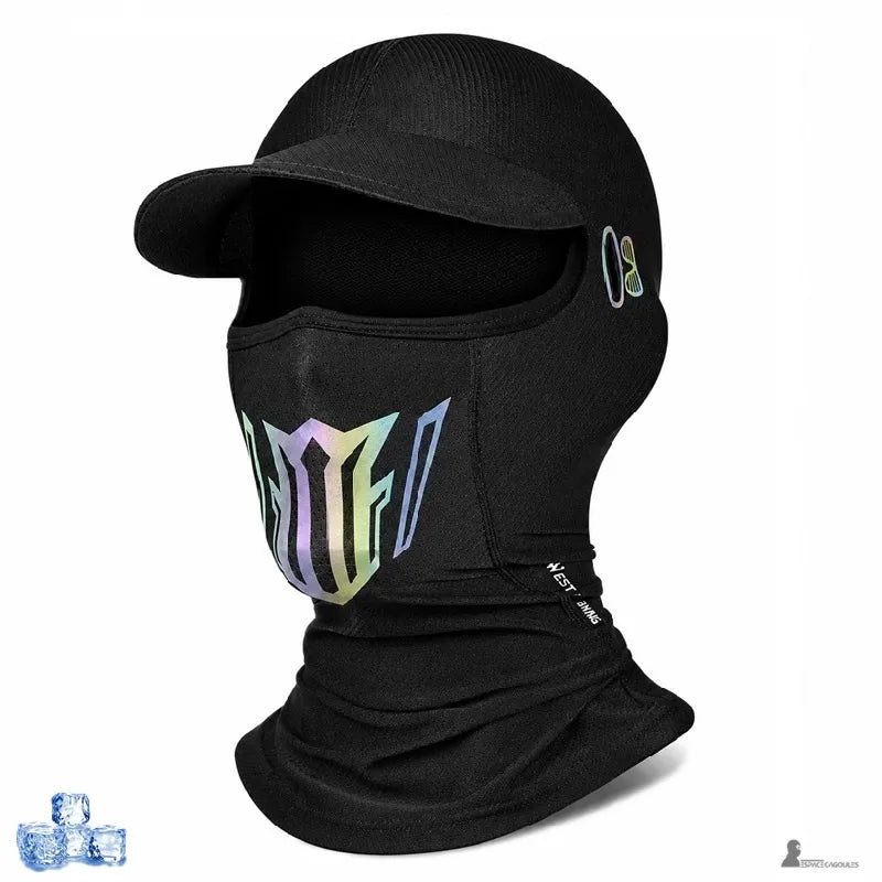 Cagoule casquette noire avec logo irisé multicolore sur le visage, visière intégrée et plastron couvrant le cou - Espace Cagoules