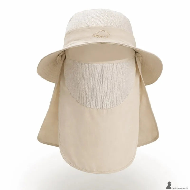 Beige sun protection hood hat viewed from the front with a wide brim and breathable fabric face cover on a desert background - Space Hoods