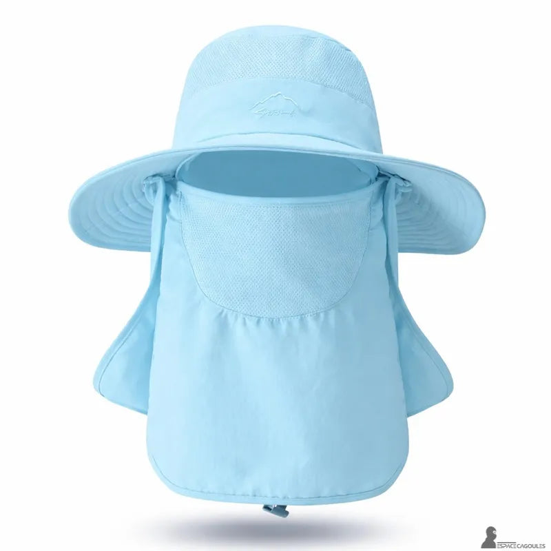 Blue sun protection hood with front view, featuring a breathable mask and side neck cover - Space Hoods