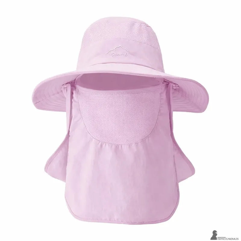 Pink sun protection hood hat with wide brim and integrated neck protection, front view on neutral background - Cagoules Space