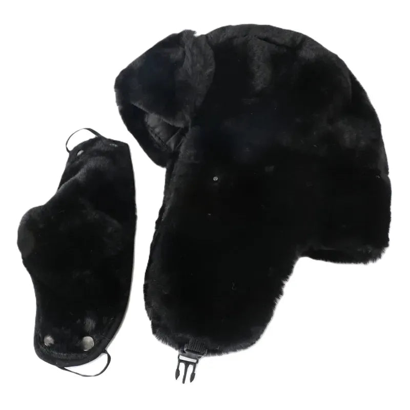 Black hooded chapka made of two separate parts, chapka and face mask in synthetic fur, seen in studio on a white background - Espace Cagoules.