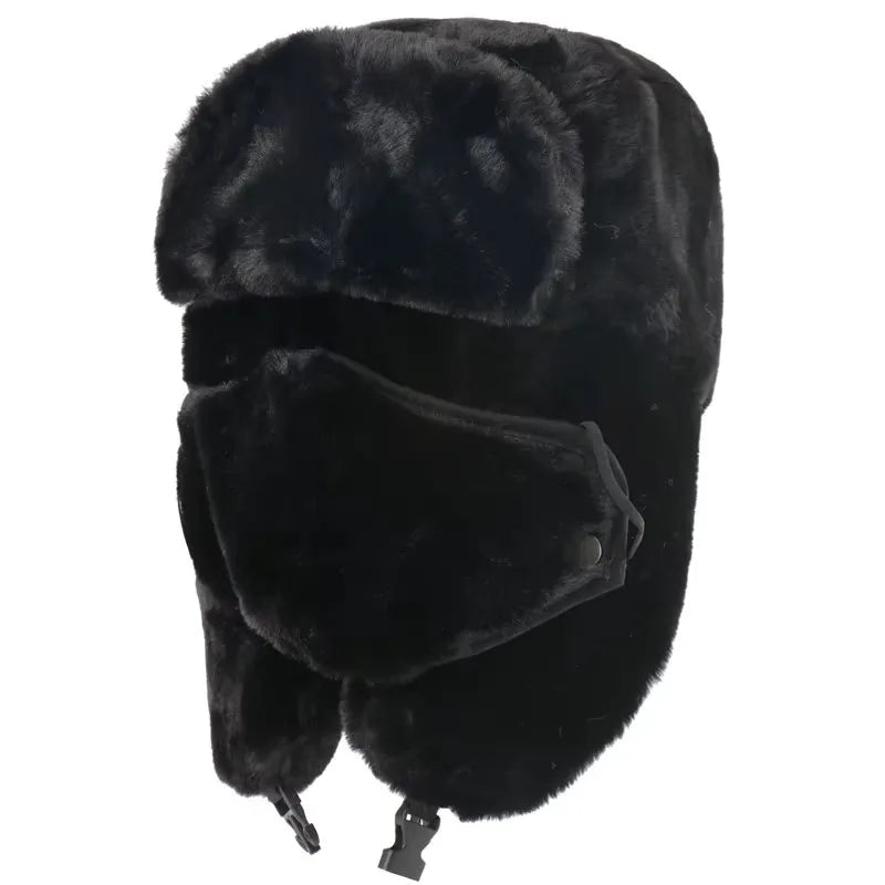 Black synthetic fur chapka hood with fixed face cover shown from the front in the studio, warm and enveloping design - Cagoules Space