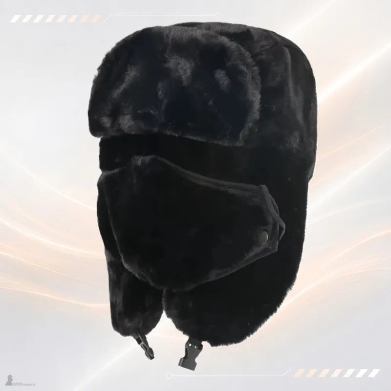 Cagoule chapka noire en fourrure avec masque facial à bouton pression et attaches à clip, vue de face - Espace Cagoules