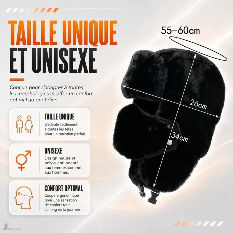 Schéma des dimensions de la cagoule chapka noire taille unique 55-60 cm, 26 cm de large et 34 cm de haut, unisexe - Espace Cagoules