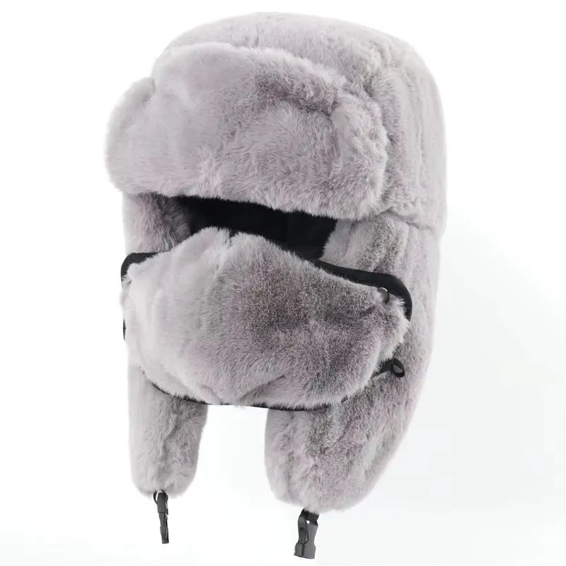 Gray fur synthetic chapka hood with integrated face cover, front view on a white background, soft and fluffy texture - Cagoules Space