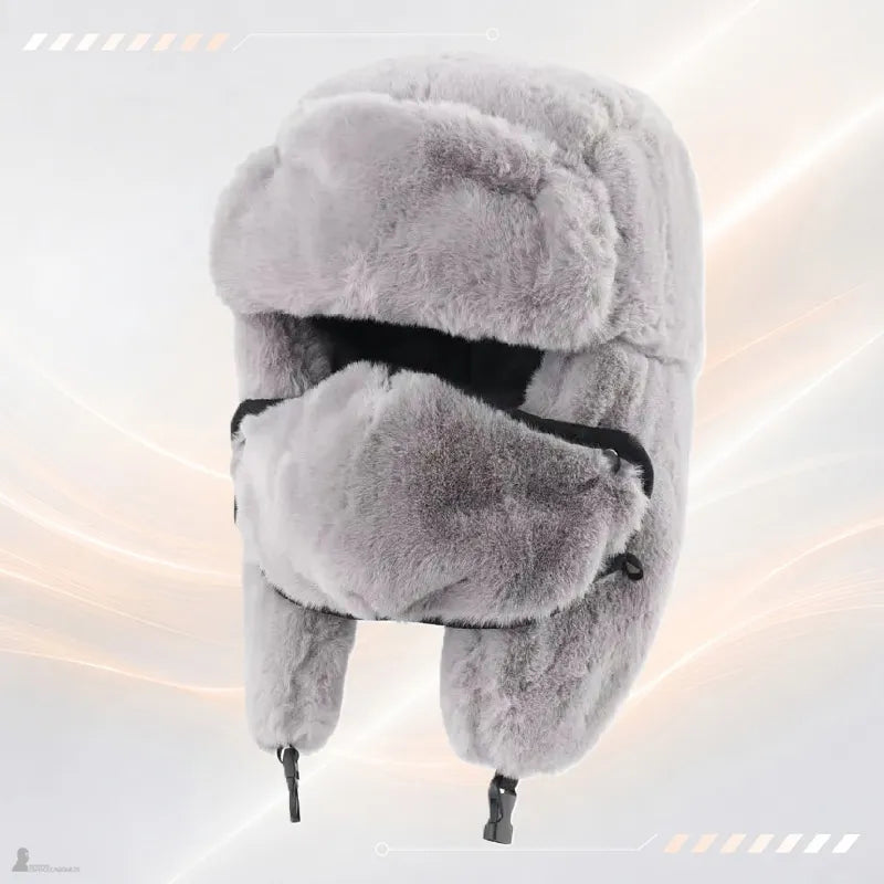 Cagoule chapka gris clair en fourrure avec masque facial et cache-oreilles, vue de face - Espace Cagoules