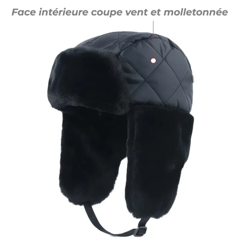 Black chapka hood showing the quilted windproof inner face with fur ears, studio presentation on a white background - Space Hoods