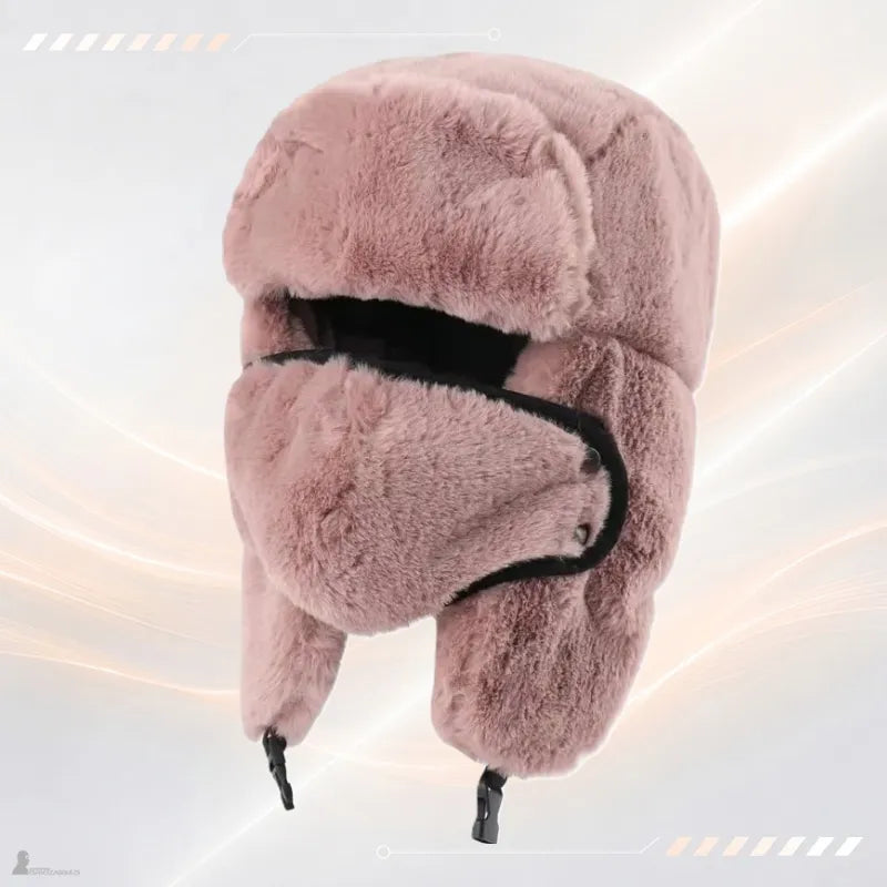 Cagoule chapka rose poudré en fourrure avec masque facial et cache-oreilles, vue de face - Espace Cagoules